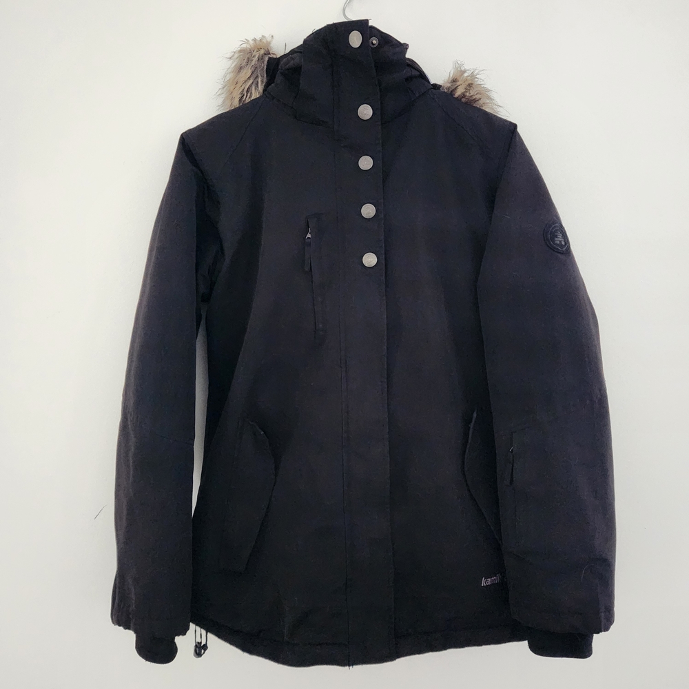 Kamik Women's Black Ski Jacket Hooded Faux Fur Trim Inner Pockets